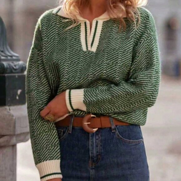 Green Casual Women's Knitted Long-Sleeved V-Neck Pullover sweater top - Picture 2 of 5